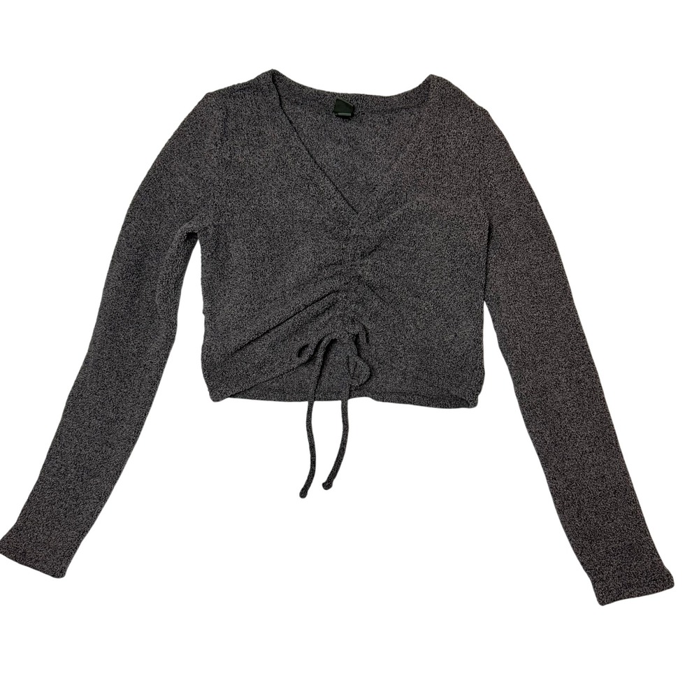 Wild Fable Women Charcoal Gray Fuzzy Knit Ruched Long Sleeve Crop Top Size L